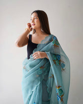 Teal Hand Printed & Cutwork Pure Organza Silk Saree